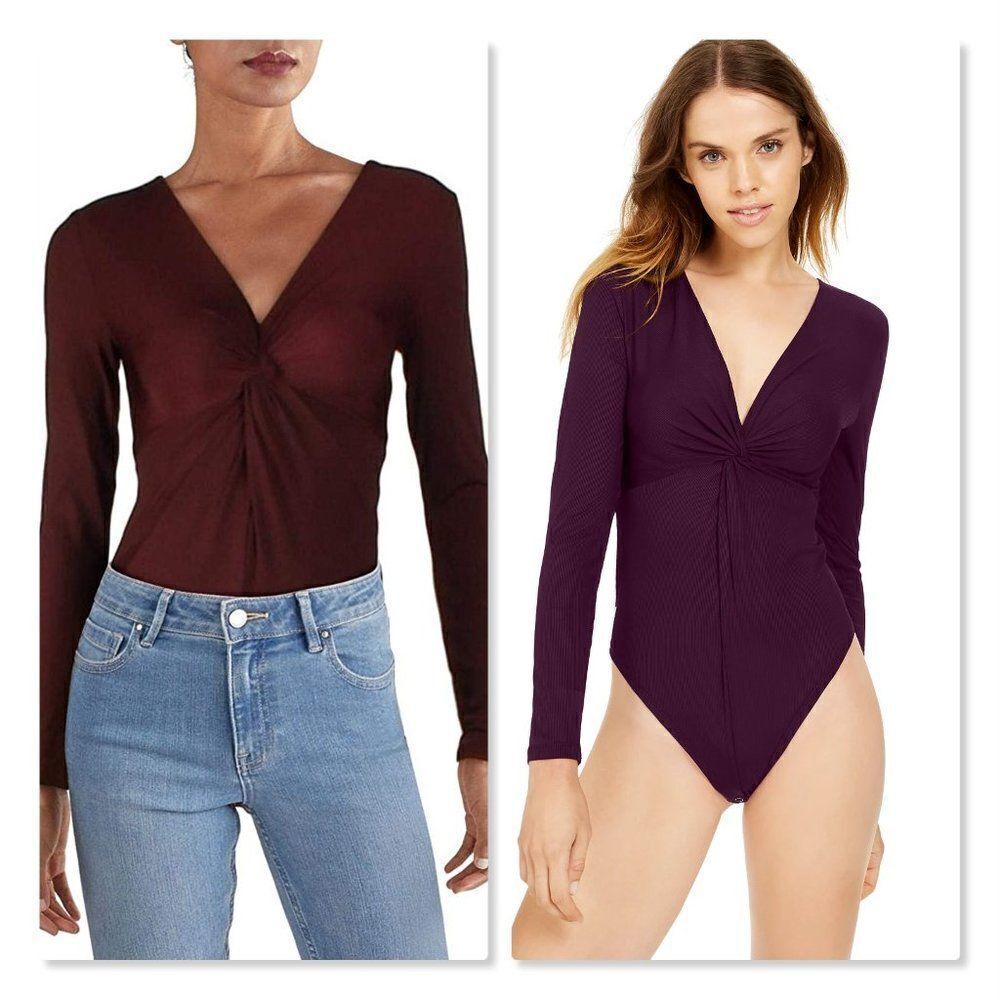 Bar III Twisted Front Thong Bodysuit size Medium in Black Currant. - NEW